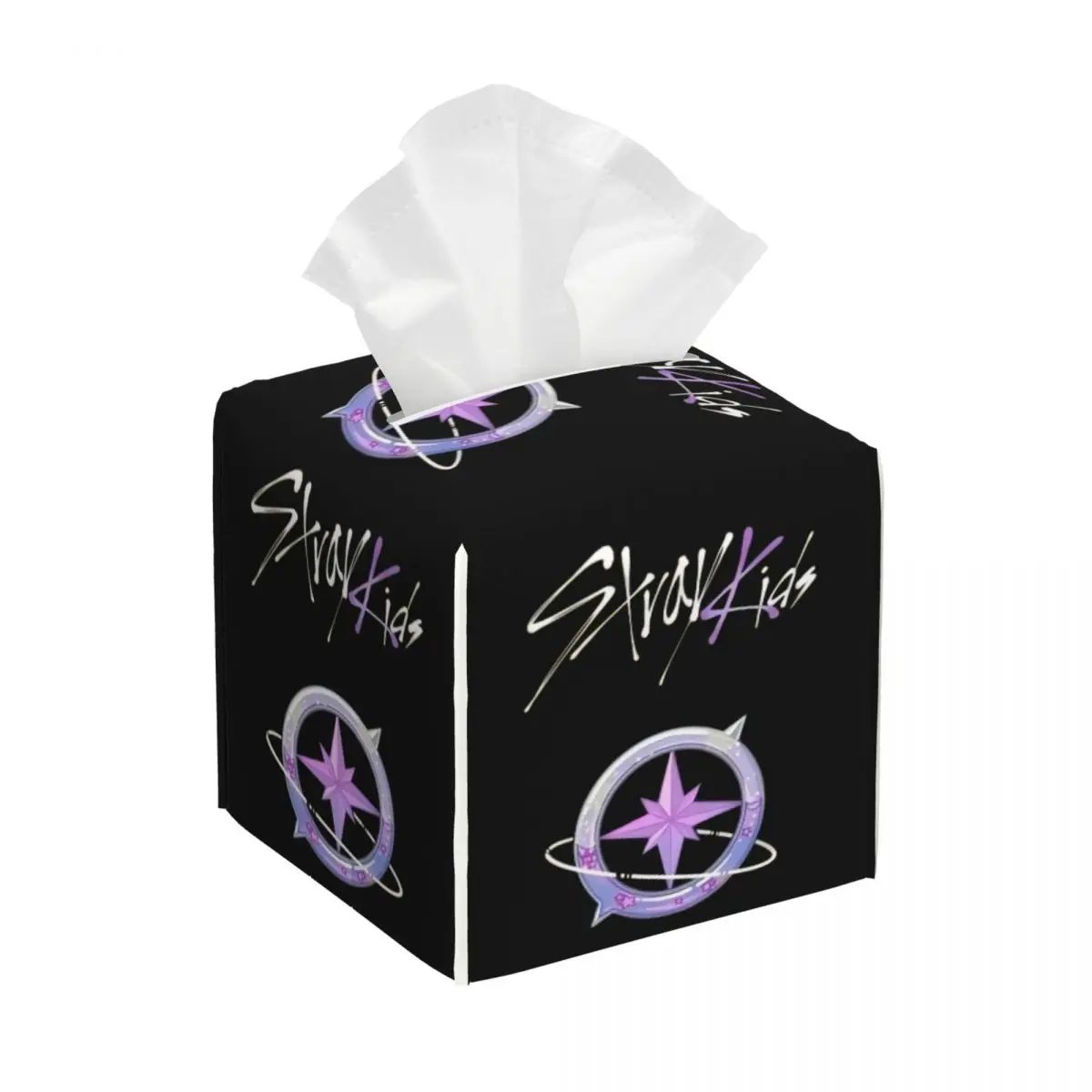 Custom Kpop Stray Kids Logo Tissue Box Cover Square PU Leather Facial Tissue Box Holder for Bathroom Office