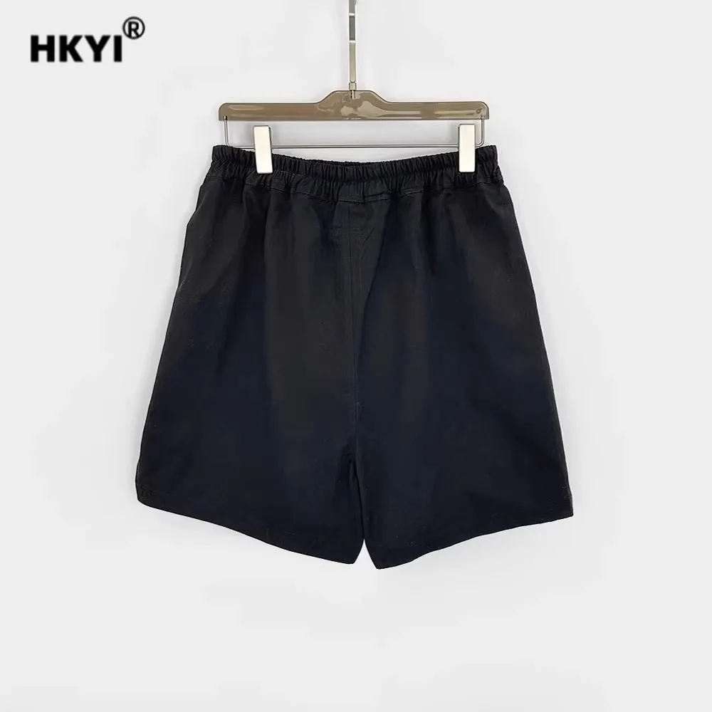 HKYI Men's and Women's Spring/Summer Black Split Five Part Pants with Drawstring Elastic Loose Wide Leg Shorts
