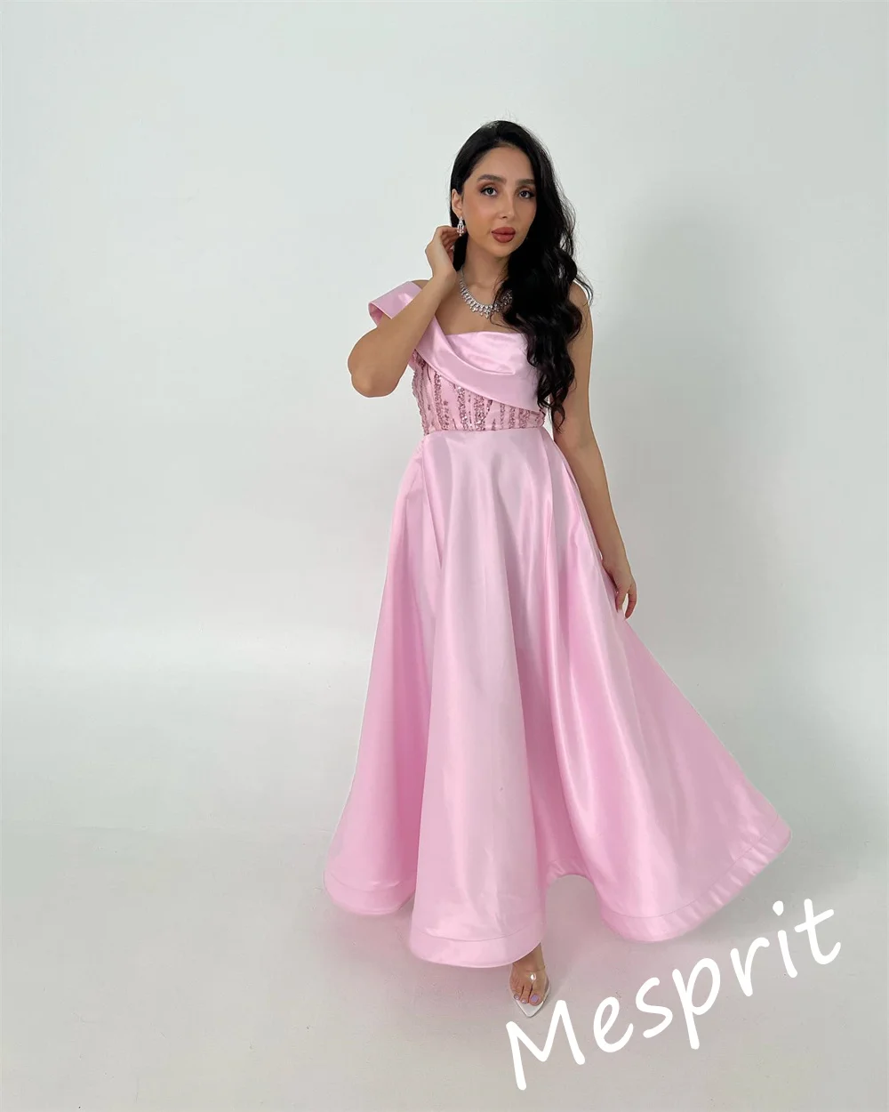 Simples vestido de um ombro com lantejoulas, A-Line, até o chão, Satin Prom, Ocasião Formal, Paillette