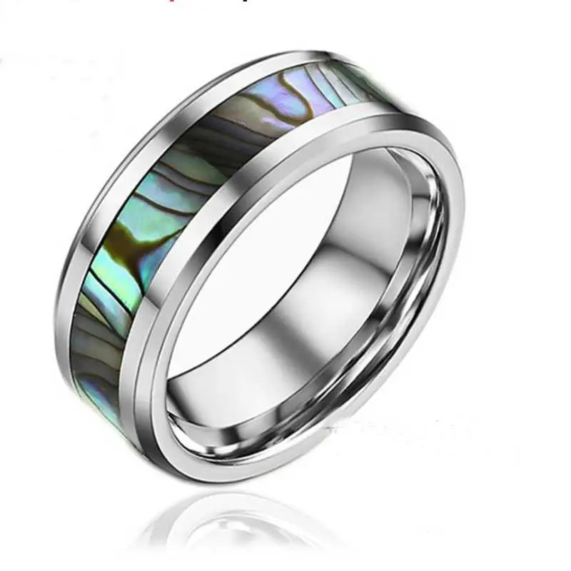 Fine Jewelry 8MM Inlaid Abalone Shell Beveled Steel Stainless Steel Ring Wedding Jewelry US Size 6 7 8 9 10 11 12 13