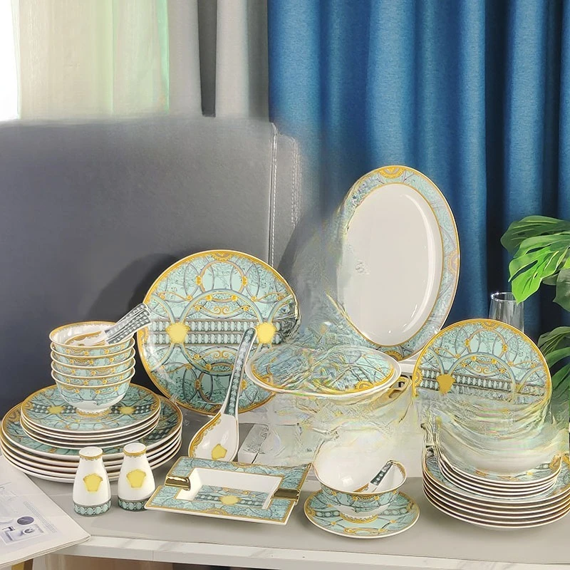 Light luxury high-value green bottom 43-piece tableware set for home use