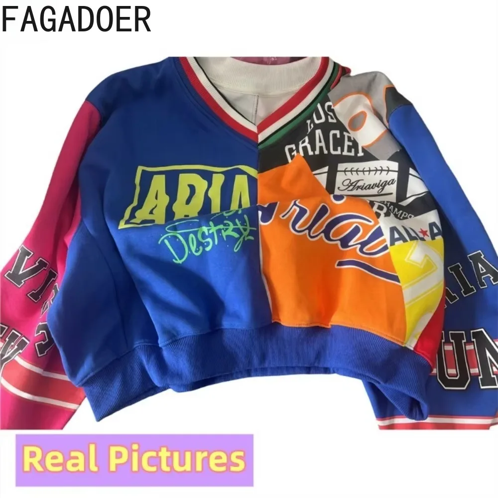 FAGADOER Mode Y2K Brief Drucken Pullover Zwei Stück Sets Frauen Langarm Top Und Mini Falten Röcke Outfit Weibliche Kleidung