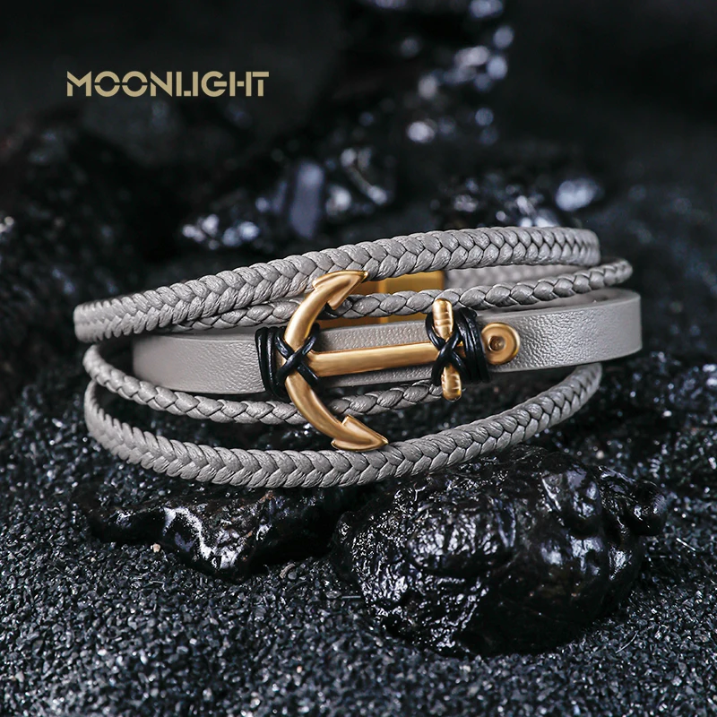 Fashion Stainless Steel Golden Ship\'s Anchor Bracelet Charm Men Leather Bracelet  Braided Punk Rock Bangles Jewelry Accessories