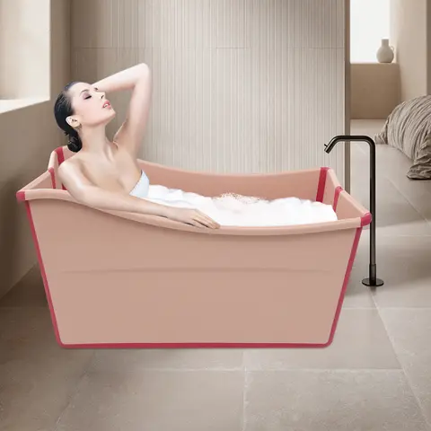 Large Foldable Bathtub (Pink), Portable Bath Tub, Lightweight Bathtub, Collapsible Shower Tub, Freestanding Rectangle Bathtub, Folding Bathtub for Household
