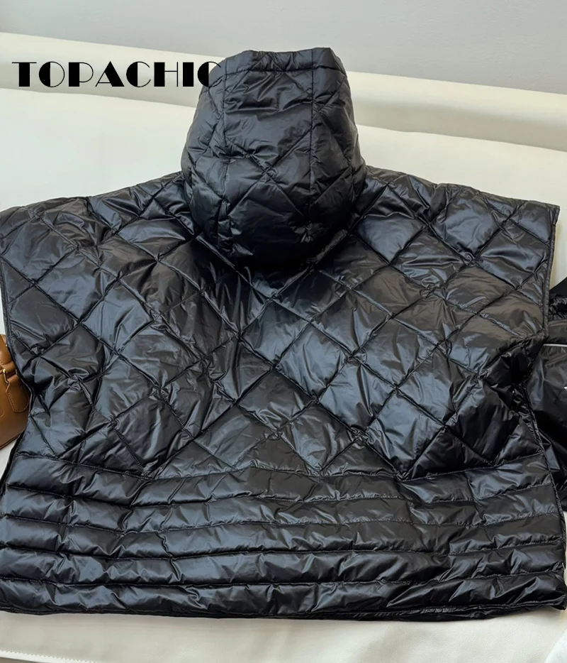 8.29 TOPACHIC-Women Chic Quilted Argyle Plaid White Goose Down Capes Jacket All-matches Hooded Loose Zipper Down Vest Coat