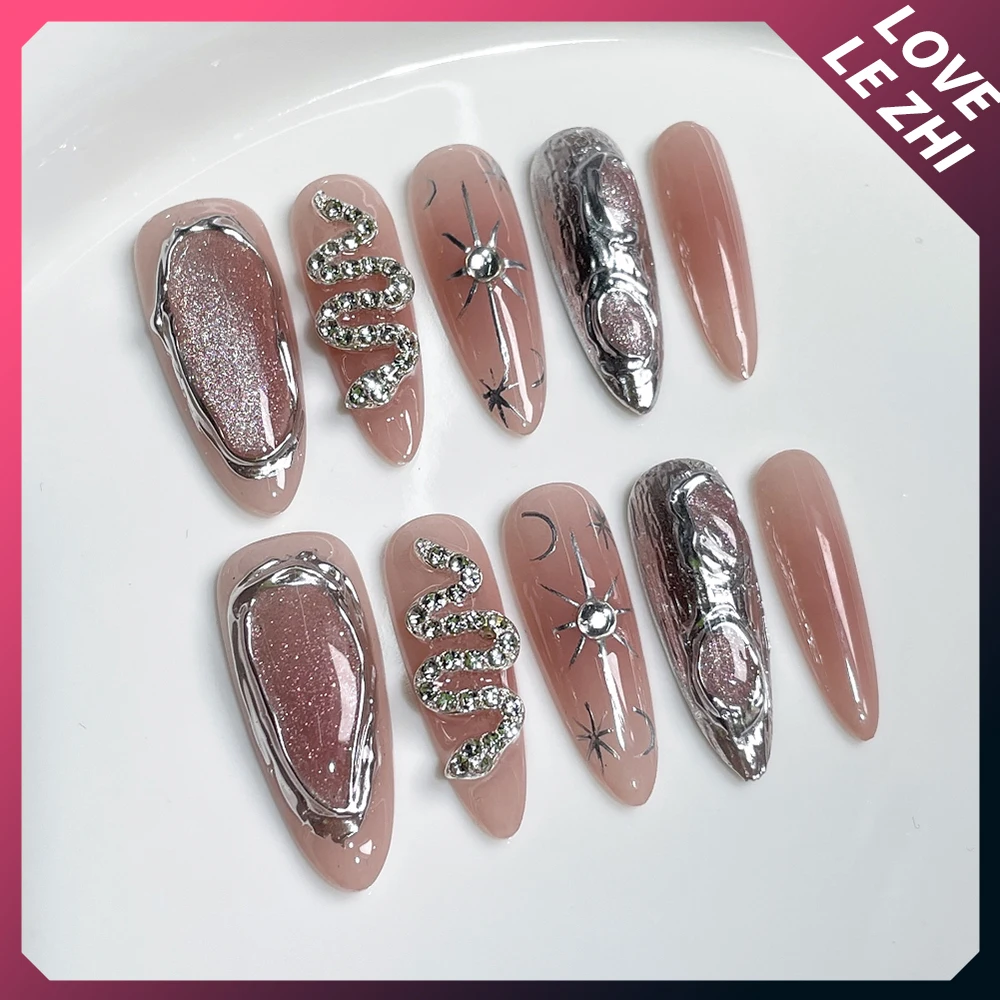 10Pcs Short Almond Duckbill Handmade Press On Nail 3D Flower Series Bow Flash Diamond Spice Girls Artificial Wearable Nail Tips