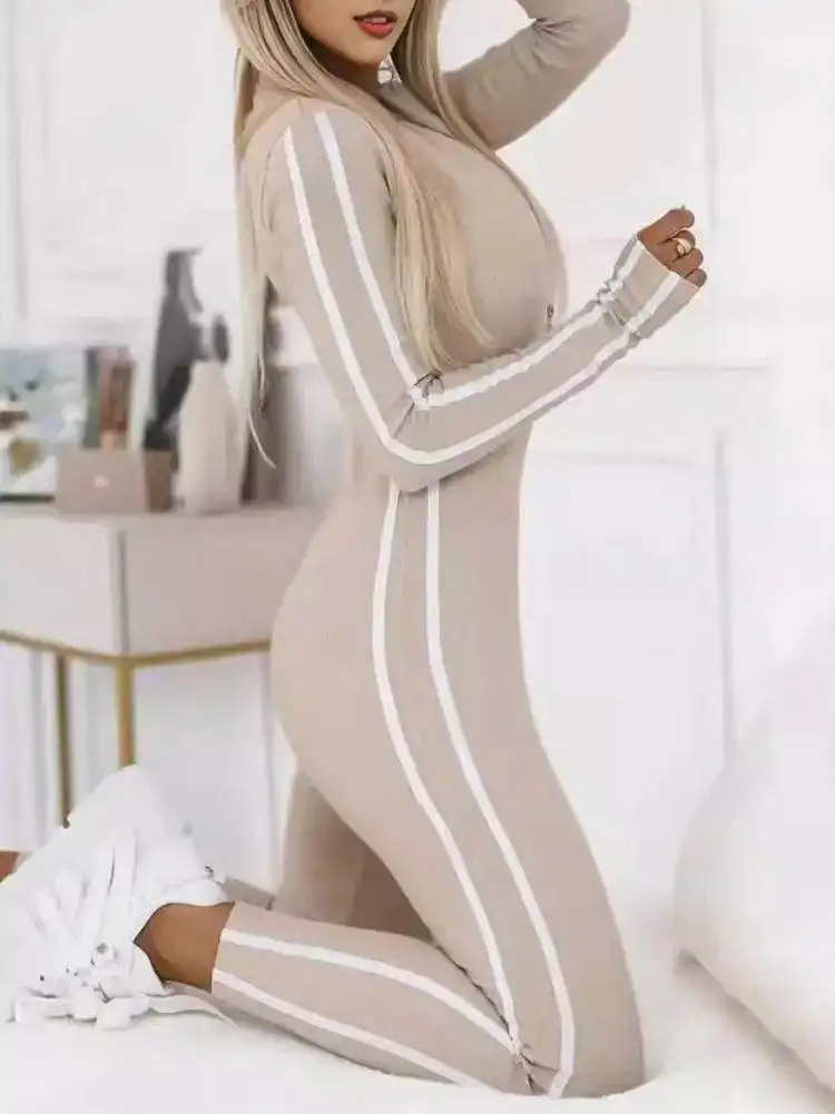 Slim Fit Striped Long Sve Jumpsuit f Zip High Waist Street Sle Casual Pants European Faion plus Size Clothing