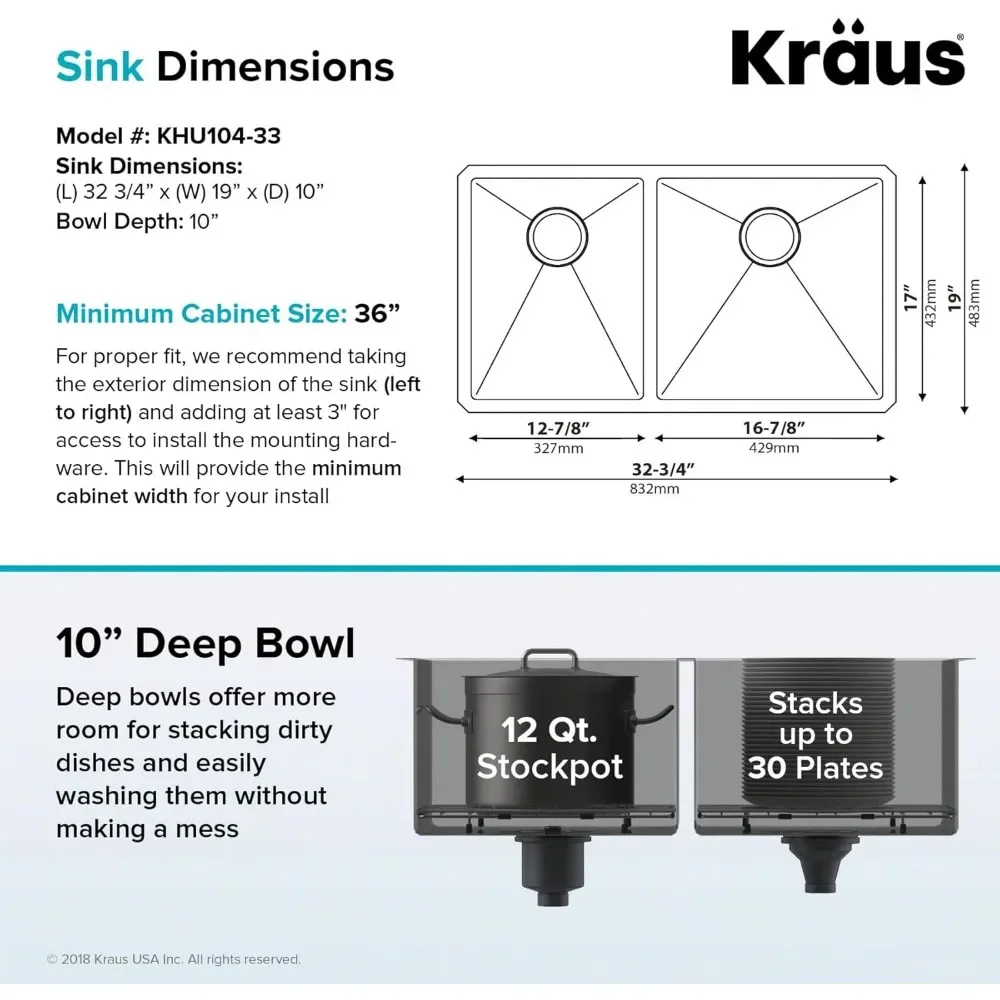 Standart PRO 33 بوصة 16 مقياس Undermount 60/40 وعاء مزدوج من الفولاذ المقاوم للصدأ، KHU104-33
