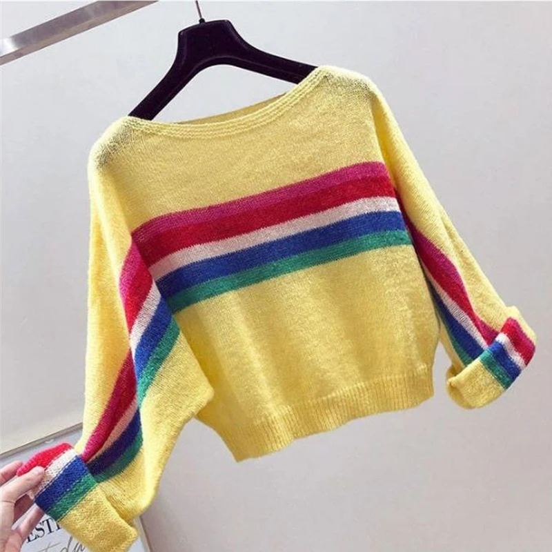 Women\'s Clothing Autumn Winter Trendy Striped Streetwear Y2K Knitted Sweater Casual Loose Long Sleeve Pullover Tops Chic Jumpers