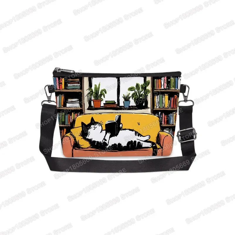 Vintage Cat Reading Book Crossbody Bag Cute Kitten on Sofa Small Messenger Bags Women Shoulder Purse for Daily Shopping Travel