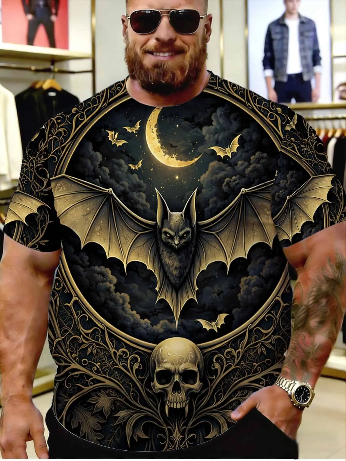 Men Short Sleeve T‑Shirt 3D Golden Bat Skull Crescent Moon Gothic Cloud Print Halloween Street Casual Party Top
