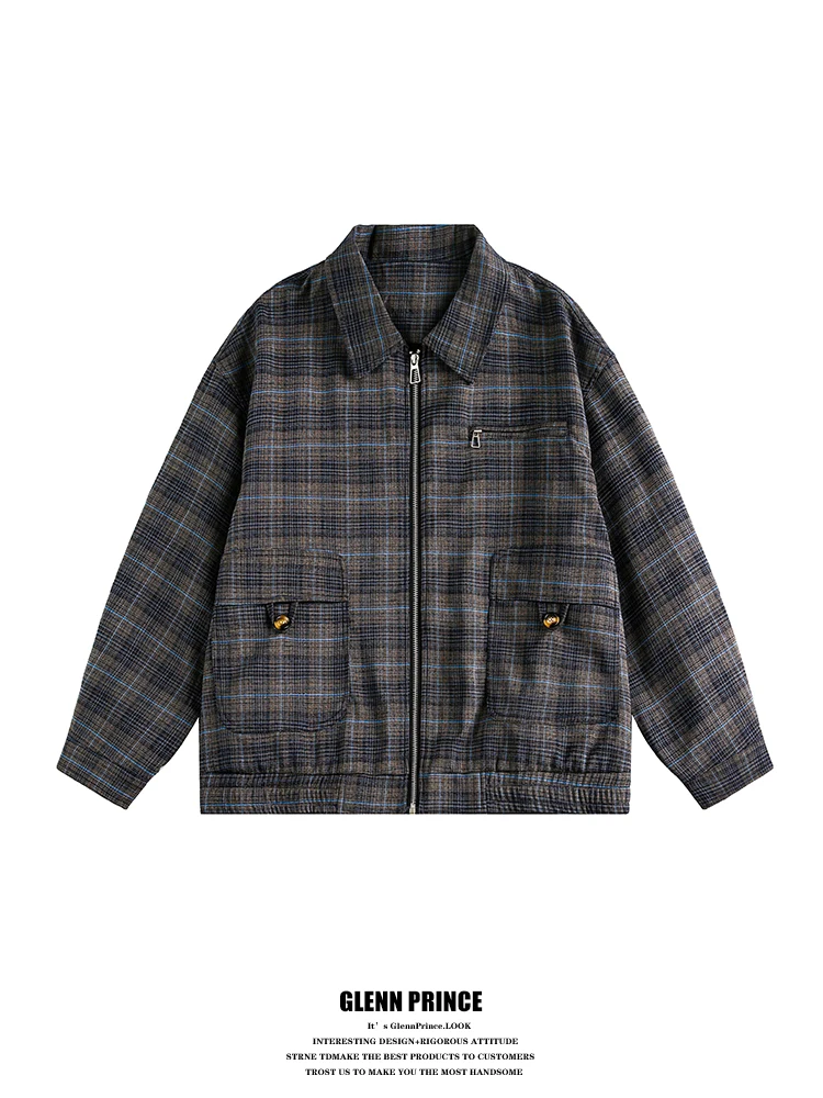 

Мужская куртка с клетчатым воротником GPstudio в стиле ретро, свободная посадка, осенний дизайн, модная молодежная смесь полиэстера, ветрозащитная