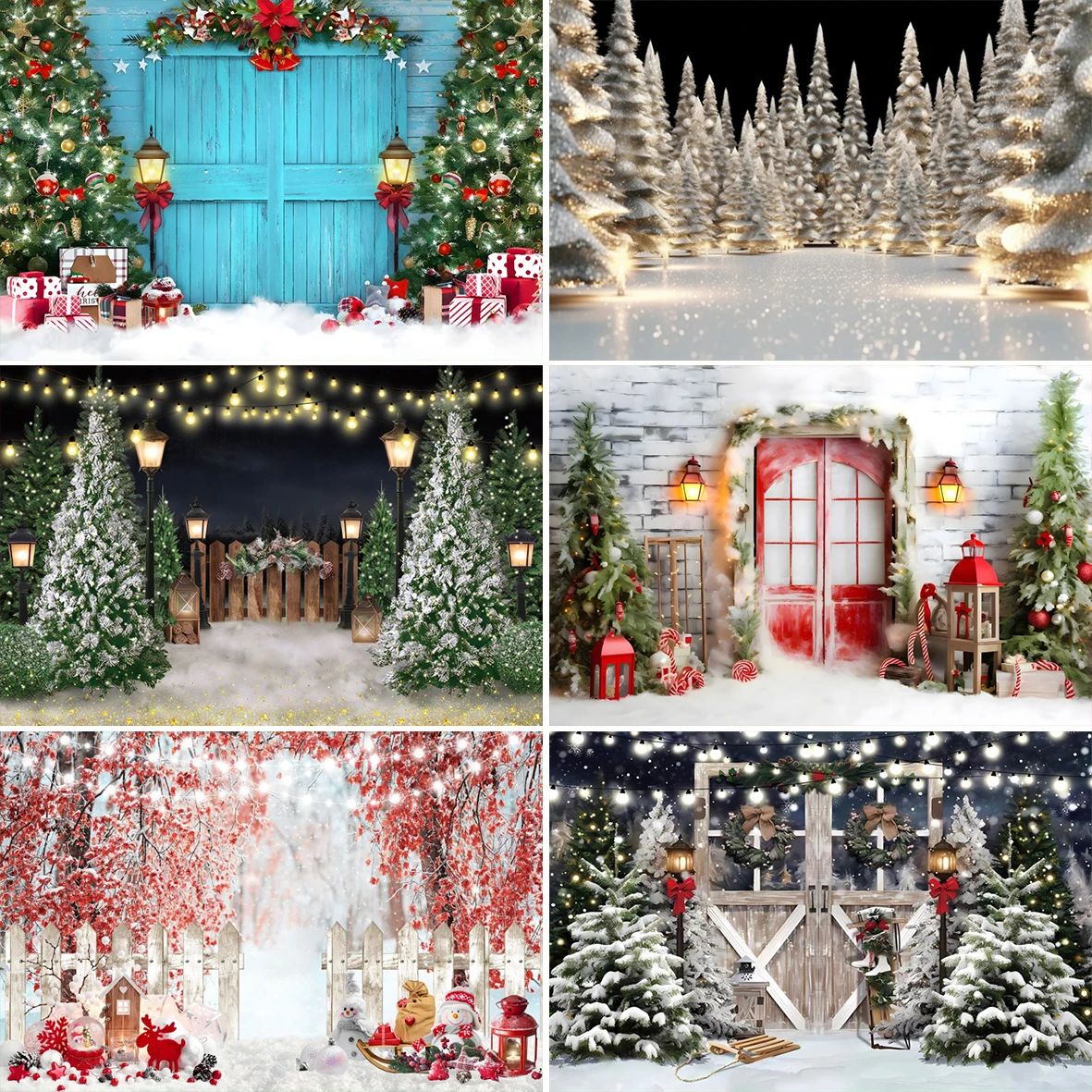 

Winter Christmas Xmas Tree Photo Backdrop Snow Forest Moon Star Fence New Year Family Party Photography Background Photo Studio