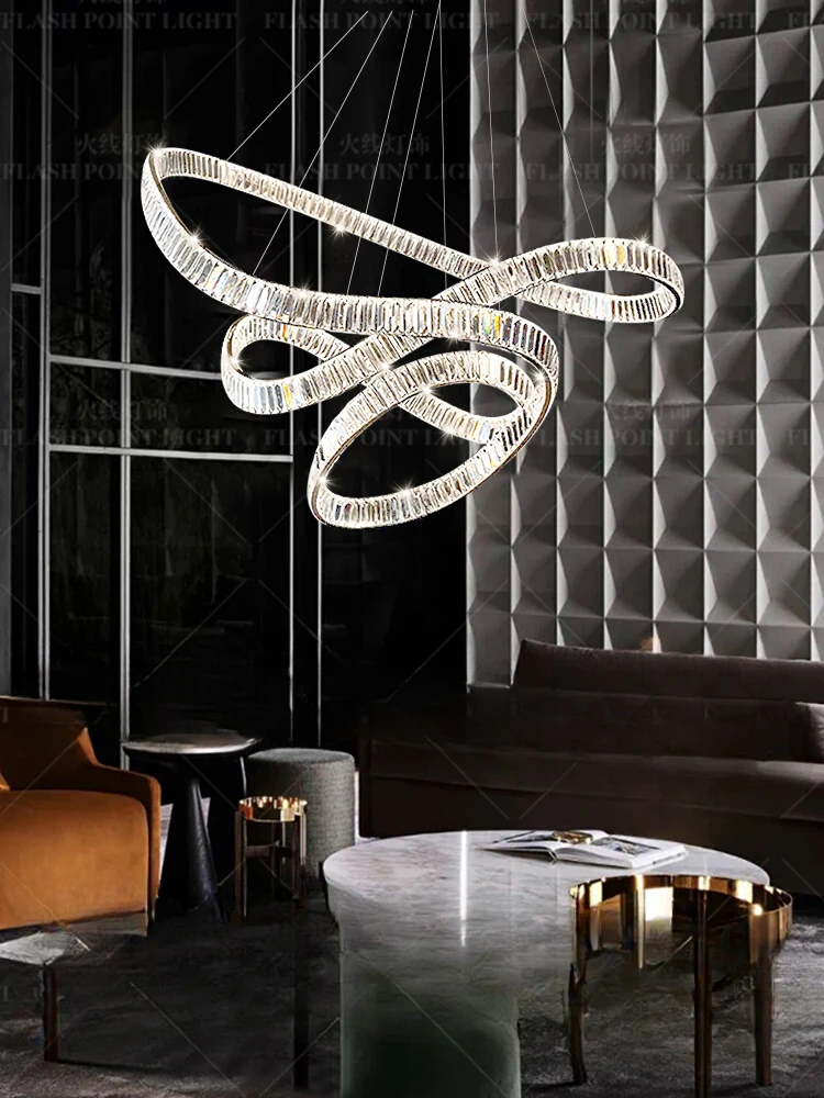 Modern light luxury crystal living room chandelier atmospheric high-end villa duplex building designer ring art streamer