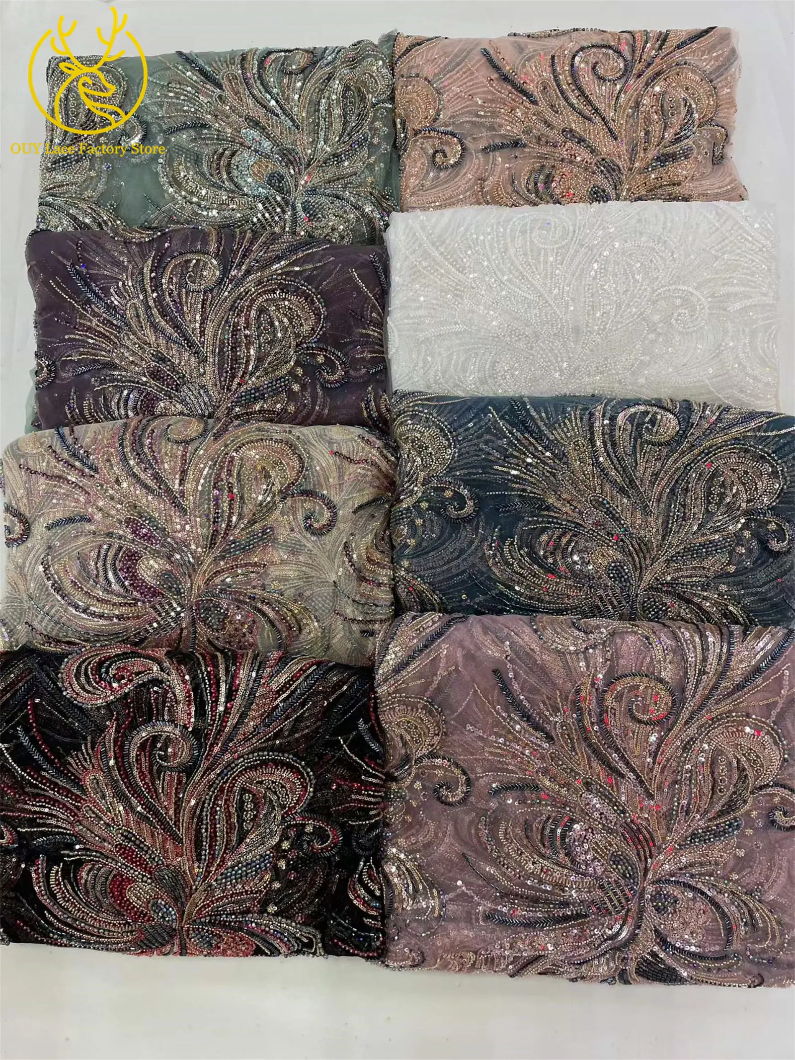 5 Yards luxuriöser afrikanischer Perlenstoff für Bräutigame 2026, exquisite nigerianische Pailletten-Stickerei-Spitze für Damen-Abendkleider zum Nähen – Detail 17