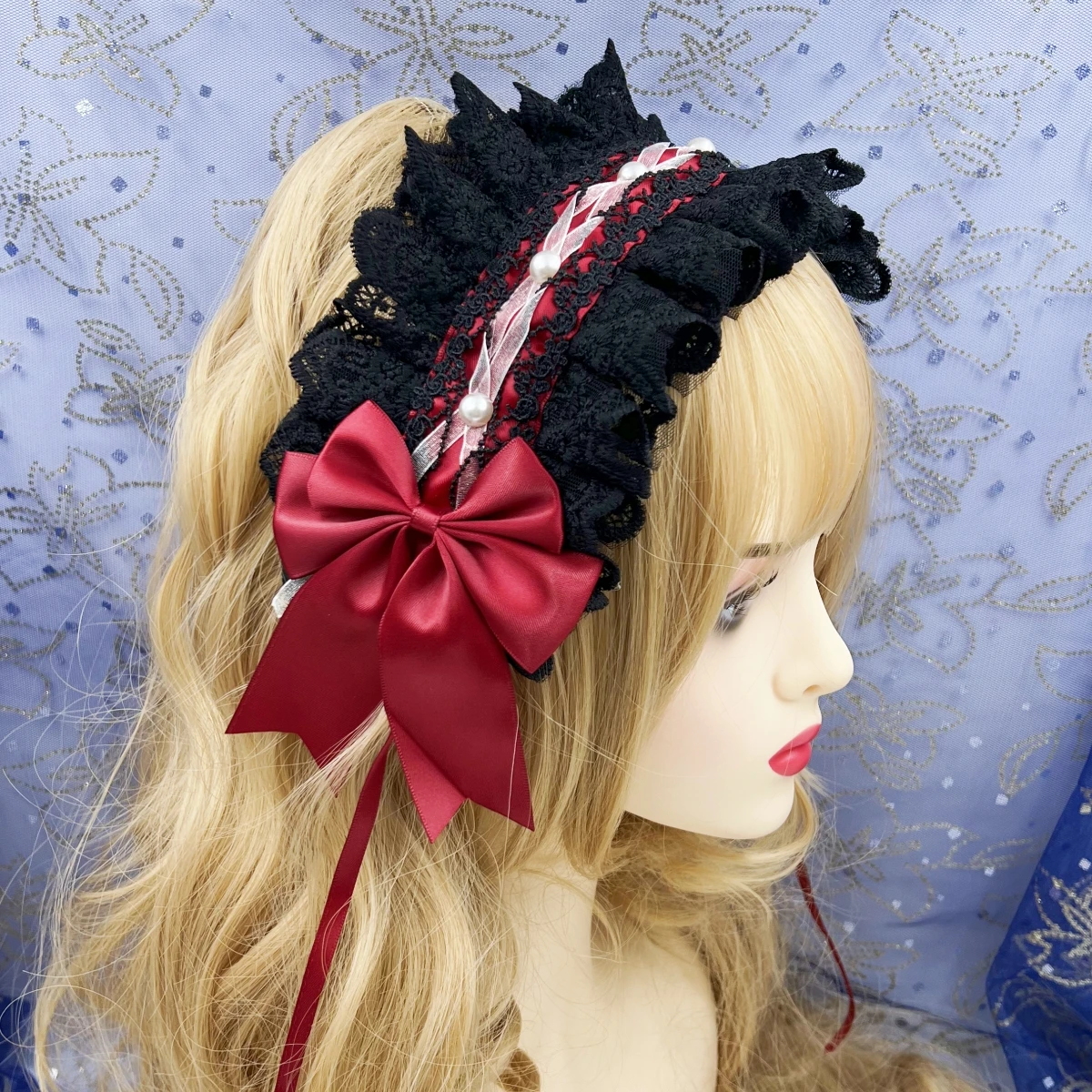 Forcina per capelli larga in pizzo da donna barocca Lolita fascia per capelli con fiocco laterale in raso senza Clip a becco d\'anatra accessori per