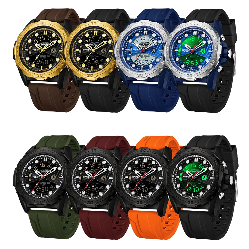 Zegarek męski SANDA LED Luxury, podświetlany, z datownikiem, podwójnym czasem, wyświetlaczem cyfrowym, alarmem, elektroniczny, kwarcowy, zegarki męskie Reloj