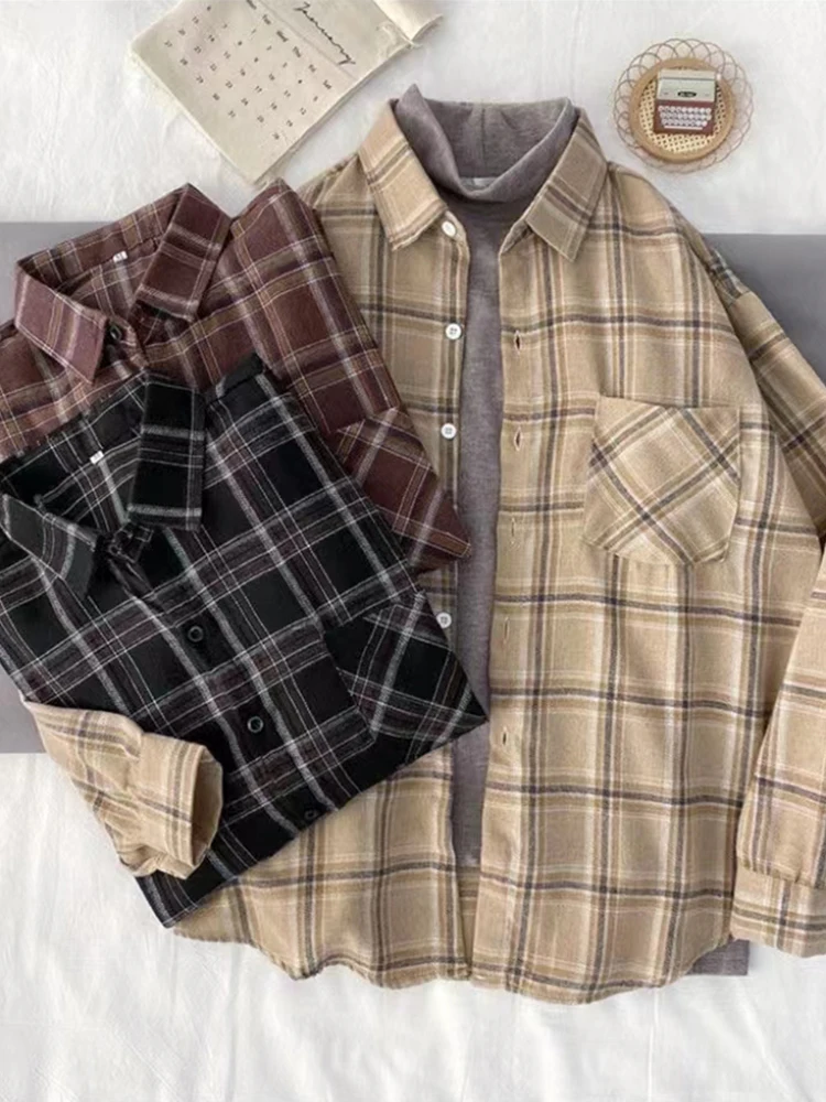 Women Plaid Shirts Vintage Oversize Blouse Female Loose Casual Long Sleeve Button Up Tops Checkered Shirt Femme Blusas