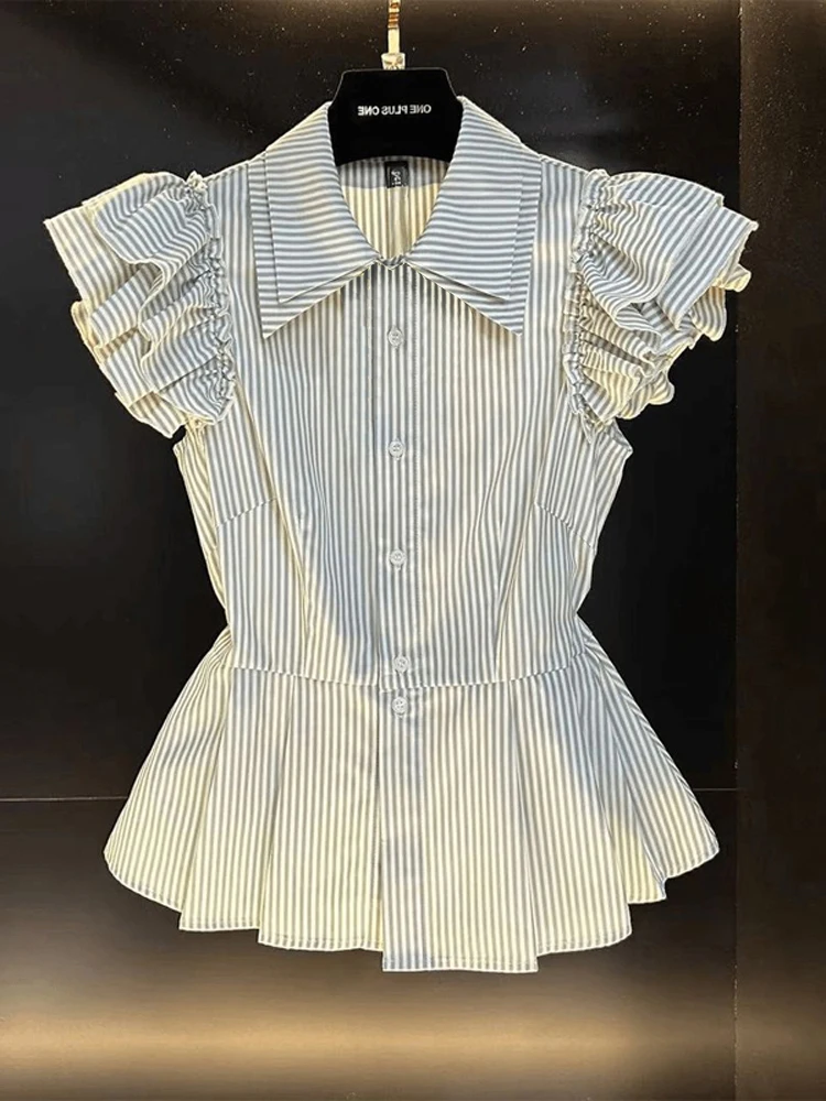 Slim Fit a righe irt con Flng Sves ort Sle Estate Nuovo arrivo Faion da donna Piccolo Top Versione coreana Pendolari Sle