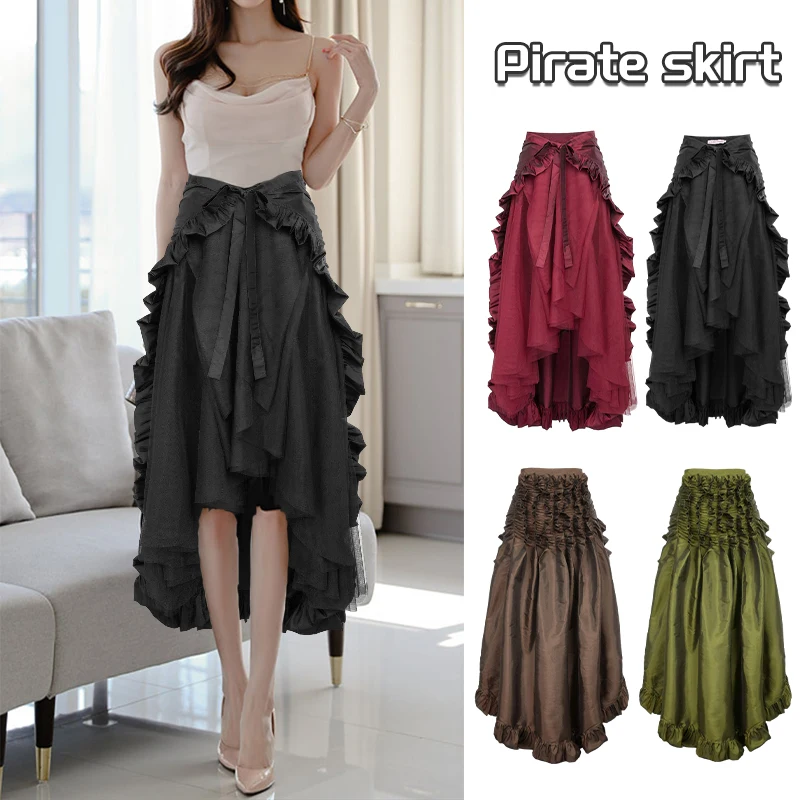 Medieval Steampunk Gothic Lace Trim Wrap Skirts Victorian Ruffled Bustle Skirt Chic Women Corset Skirt Pirate Cosplay Costume