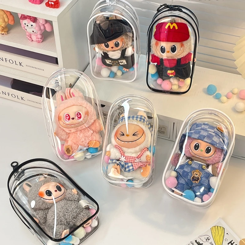 

Labubu Transparent Protective Cover Sitting Party Dust Bag Backpack Pendant Send Colored Plush Balls 15cm Doll Protective Cover