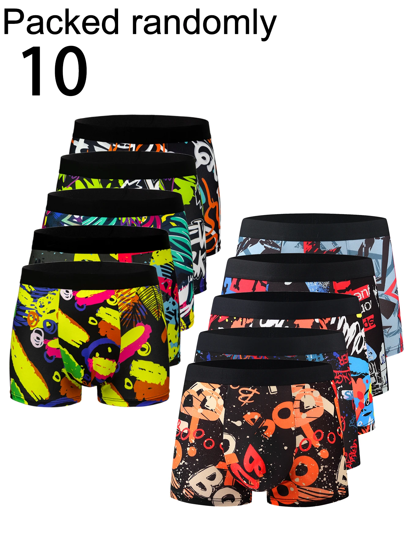 10-Pack Men's Trendy Graffiti Boxer Briefs High Elasticity Comfortable Waist Wide Edge Assorted Prints Random Delivery Men's Und