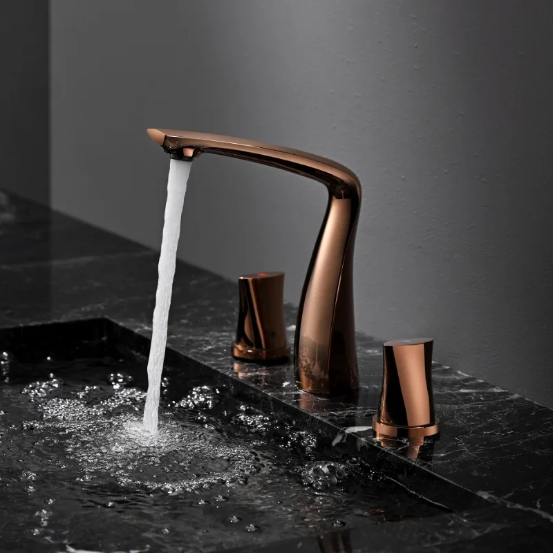 Full copper swan gun gray rose gold three-hole basin hot and cold faucet split three-hole bathroom cabinet wash basin white