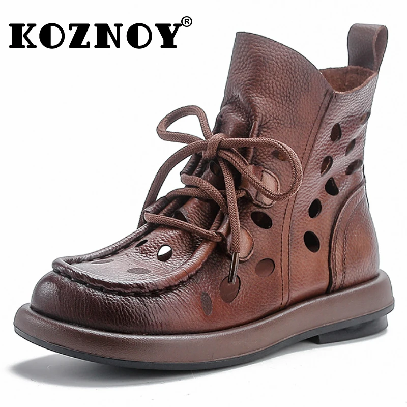 

Koznoy 3cm Genuine Leather Fashion Summer Women Sandals Hollow Chimney Moccasins Ankle Booties Motorcycle Natural Boots Shoes