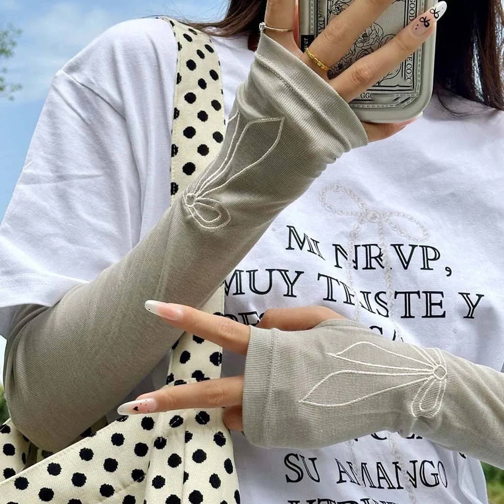 

Sweet Bow Ice Sleeves Embroidered Korean Style Breathable Long Arm Sleeves Polyester Thin Arm Sunscreen Covers For Women