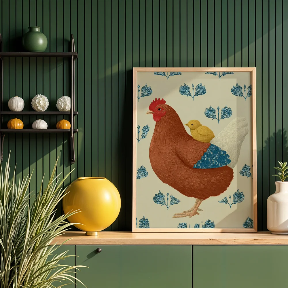 Vintage Abstract Hen Carrying Chick Canvas Wall Art, Poster Hanging For Living Room Bedroom