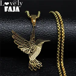 New Hollow Hummingbird Stainless Steel Pendant Necklaces for Women Men Gold Color Long Chain Necklace Jewelry collares largos