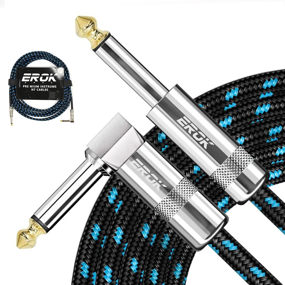Câble d'instrument de guitare EROK 6,35 mm, cordon audio stéréo 1/4 pouce à angle droit vers droit pour guitare électrique et basse