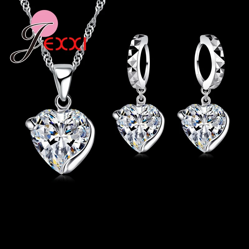 Precious Gift Lady's Best Love 925 Sterling Silver Jewelry Set Heart Shape Water Wave Necklace Drop Earrings Fashion Jewelry