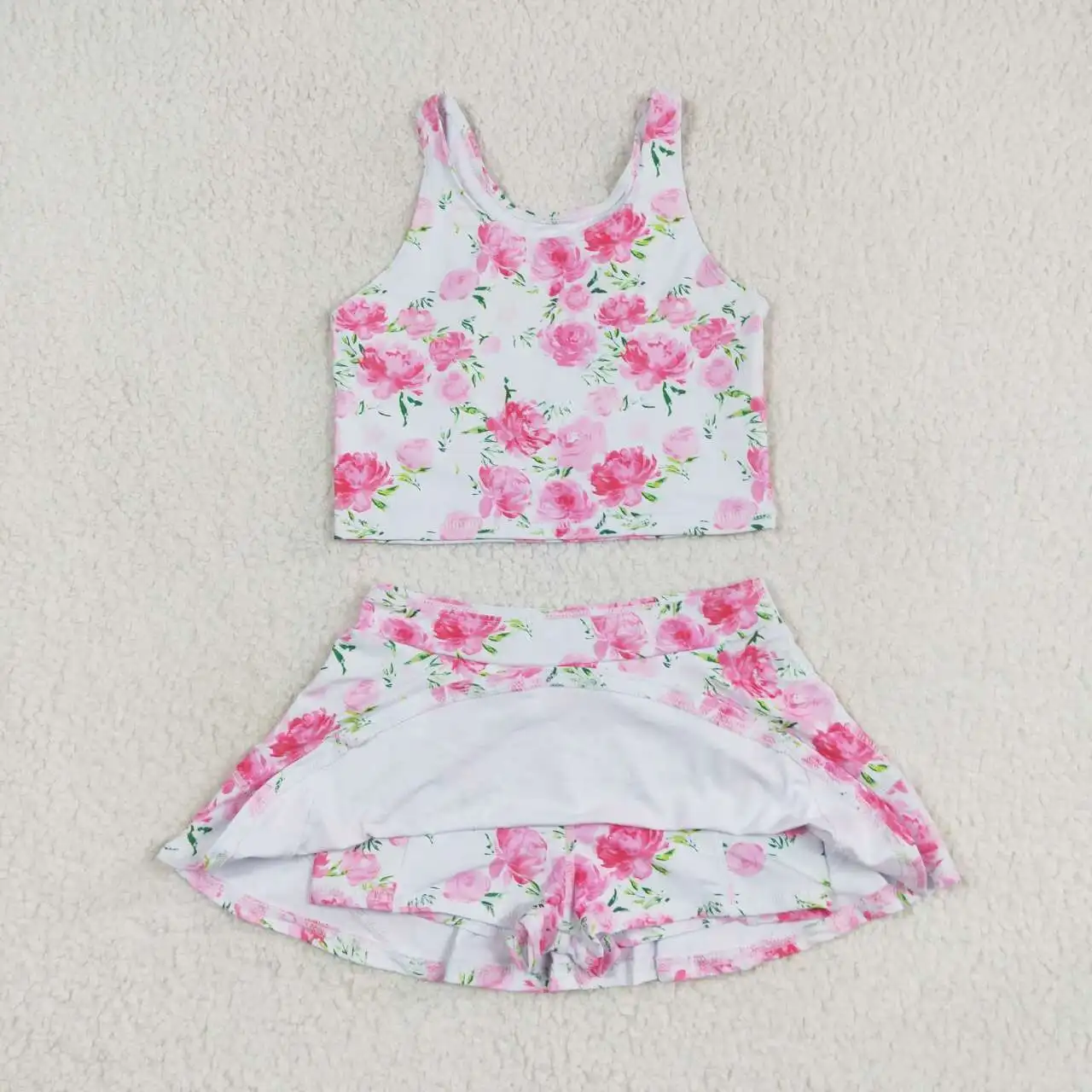 New Fashion Pink Floral Sleeveless Skirt Swimsuit Set Wholesale Children Clothes NO MOQ