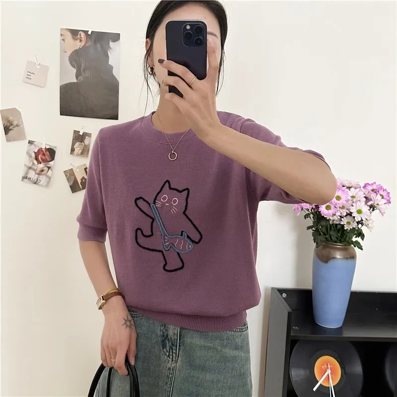 

T-shirt women's summer new wool knitted sweater short sleeved high-end embroidered round neck pullover loose and fashionable top