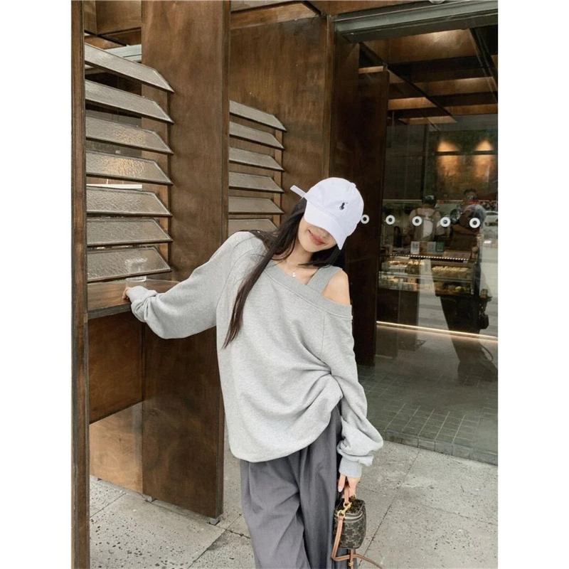 Spring Autumn Lazy Style Loose Off Shoulder Hoodies Long Sleeve Solid All-match Youth Pullovers Top Fashion Casual Women Clothes