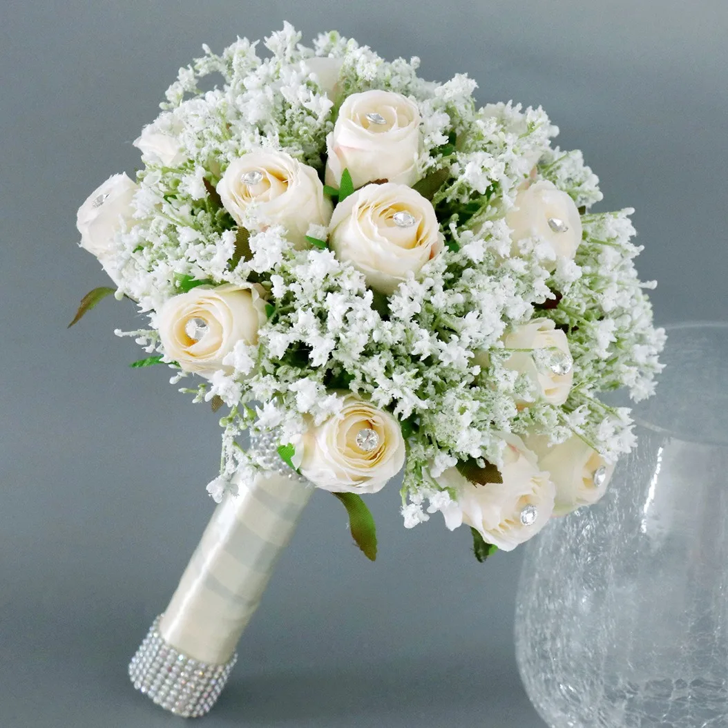 White Wedding Bride Bouquet Roses Artifical Silk Flowers Bridesmaids Bouquet Table Centrepiece Decoration Accessories