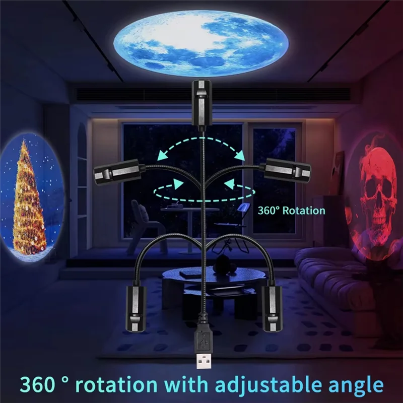 A74E-Atmosphere Mood Light 360 Rotating Switchable Pattern Halloween USB Projector Light Skull Nightlight Ghost LED Lamp