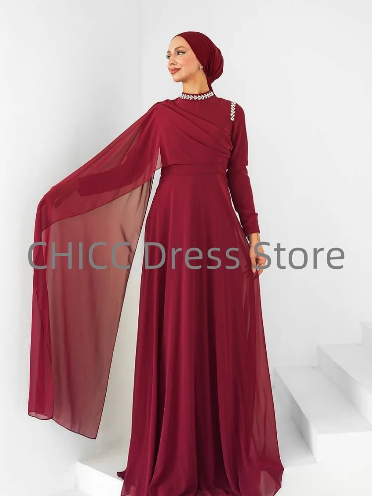 Скромные вечерние платья с накидкой, высоким воротом и длинными рукавами, торжественное платье для выпускного вечера, хиджаб, трапециевидное платье со складками и бисером, мусульманское платье Custiomized