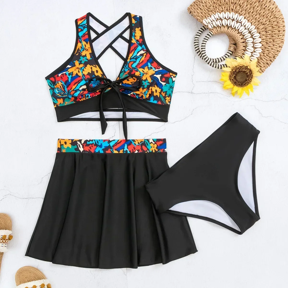 

Print Skirt Swimsuit for Women 2025 New,Conservative Tankini 3-piece Bikini,V-neck Lace-up Backless Beach Bathing Suit Swimwear