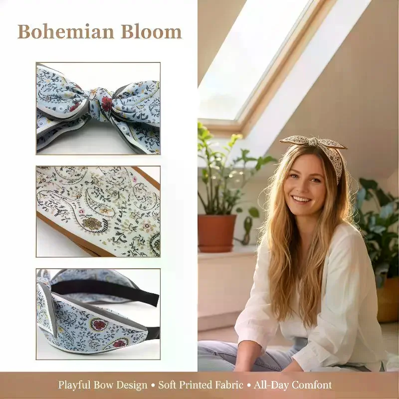 Diadema ancha con diseño floral de Paisley, estilo retro bohemio, con lazo y orejas de conejo para mujer, suave y elástica, ideal para looks de primavera y verano.