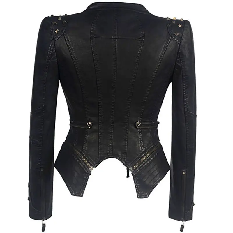 Spring Women Fashion Rivet Double Zipper Hip Hop Slim PU Leather Jackets Ladies Motorcycle Top Coats Female Chaquetas Plus Size