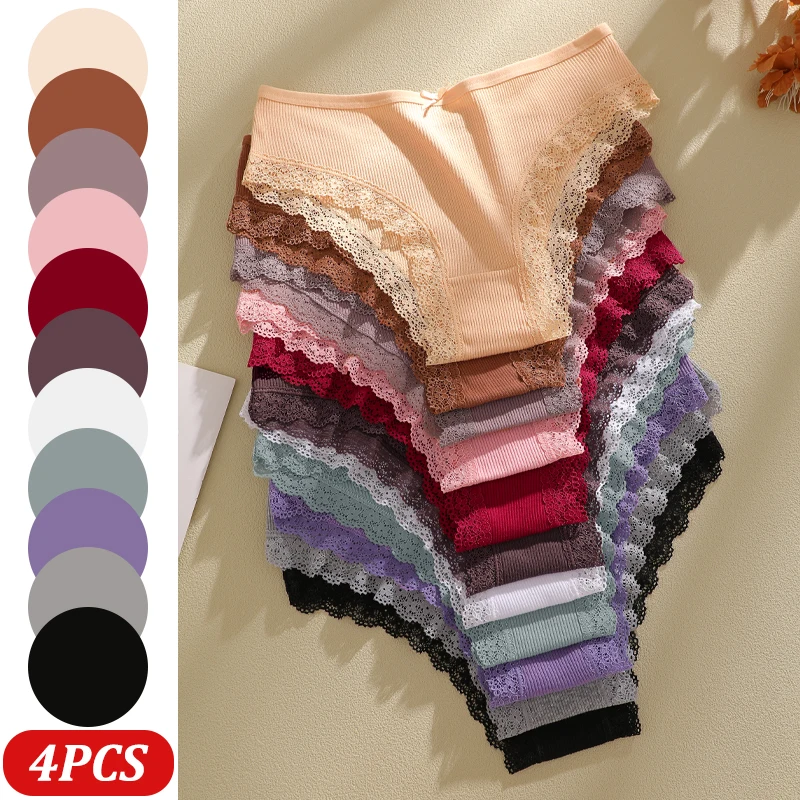 

4Pcs/Set Women's Seamless Cotton Panties Sexy Lace Solid Color Cross Belt Underwear Female Comfortable Bowknot Intimate Lingerie