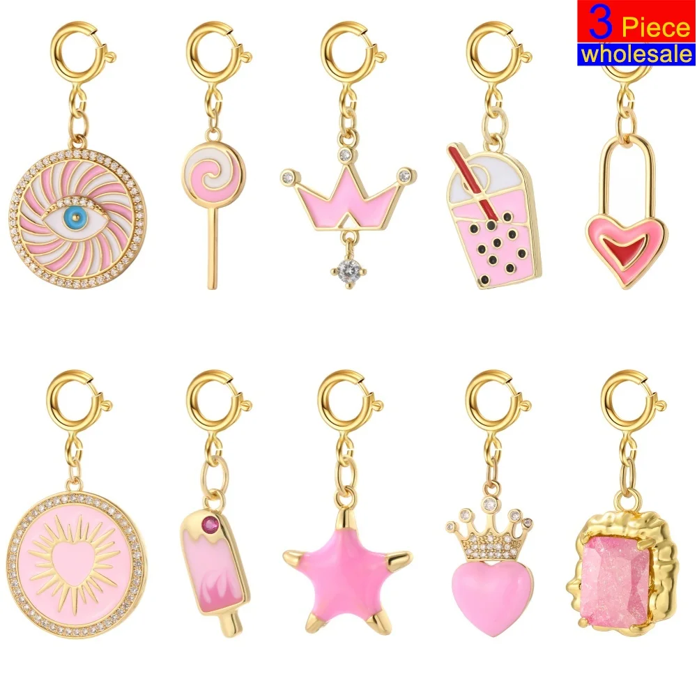 3pcs Pink Y2K Cute Enamel Charms Wholesale Heart Eye Star Moon Drink Ice Cream pendants Snap Hook DIY Necklace Bracelet Keychain