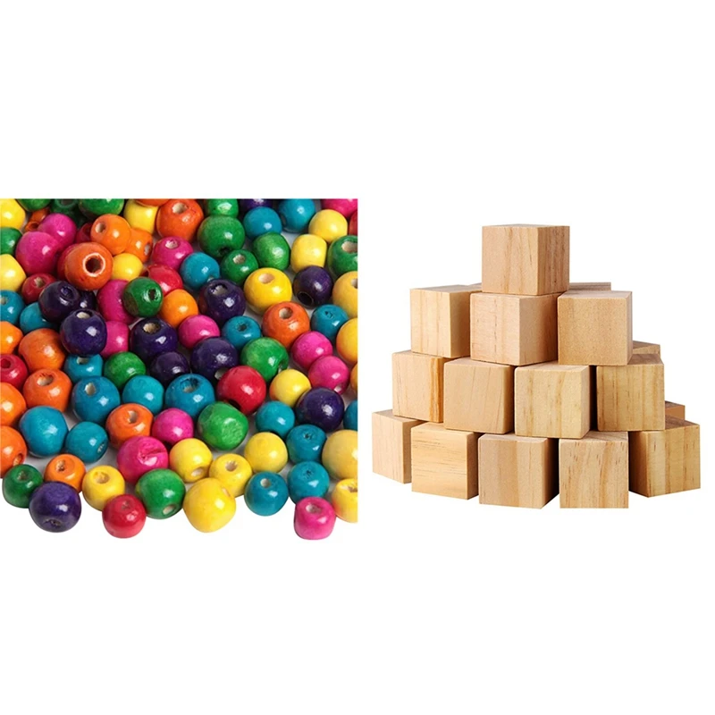 A93U-500Pcs Mixed Color Dyed Wood Beads With 50Pcs Wood Square Square Blank Wood Blocks