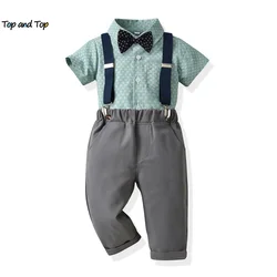 top and top Summer Children Boys Gentleman Clothing Sets Short Sleeve Casual Shirts with Bowtie+Suspenders Pants Formal Suits