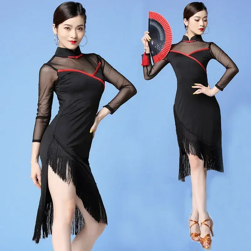 Cheongsam Latin Dance Kleid Frauen Ballroom Dance Kleid Sexy Tango Rumba Flamenco Kleid Schwarz Quaste Kostüme