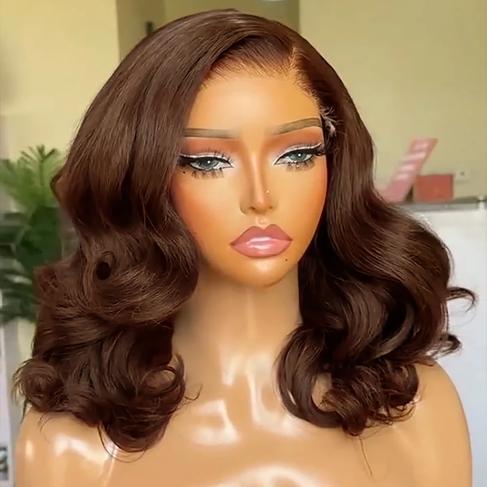 

Loose Wave Bob Wig Human Hair Dark Brown 13x4 Transparent Lace Wig Short Bob Wigs 100% Human Hair Wigs Body Wave #4 Color Wig