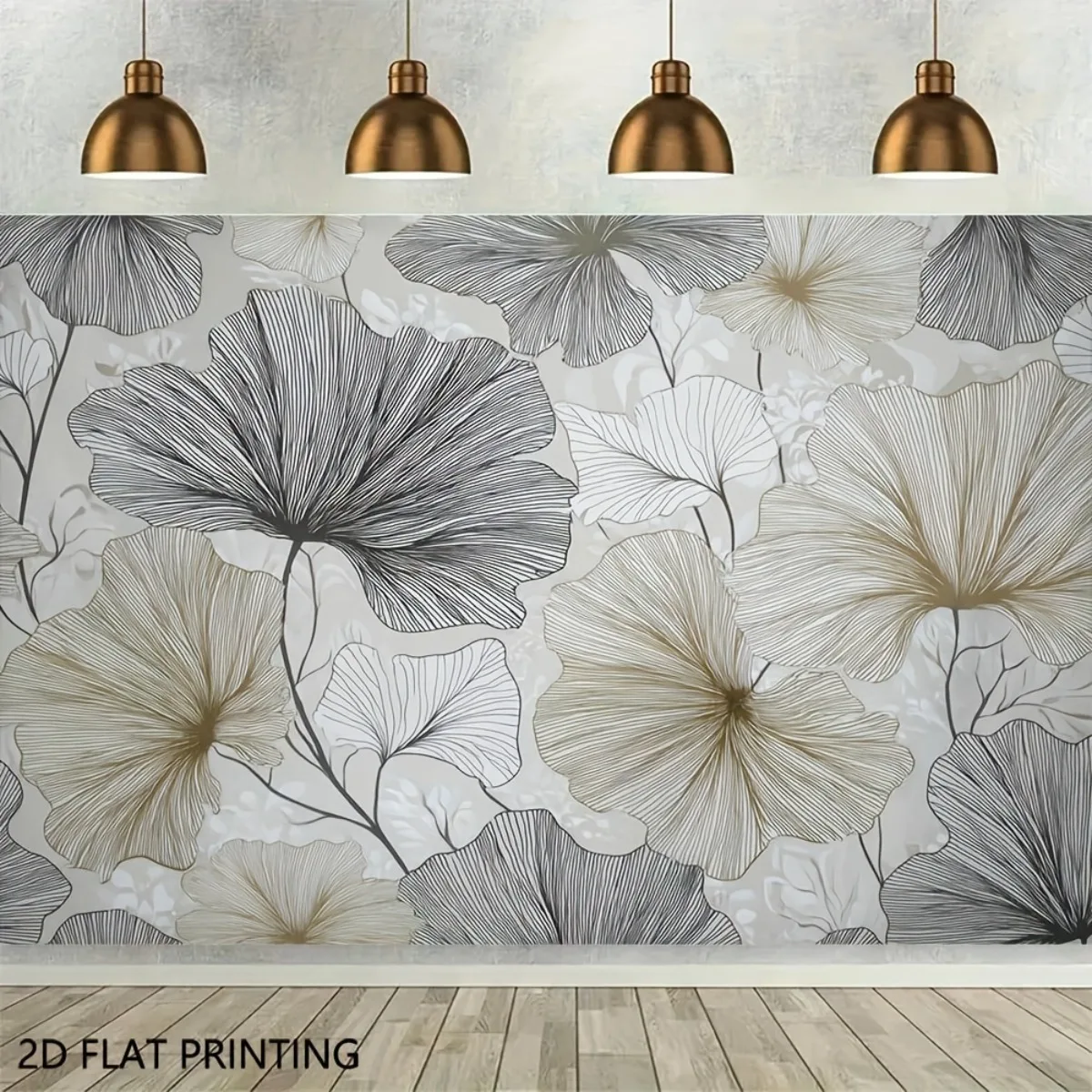 2D flaches 1-teiliges Ginkgoblatt-Polyester-Banner – gebrochenes Weiß und goldene Zweige mit schwarzen Blattmustern, Fotografie-Hintergrund