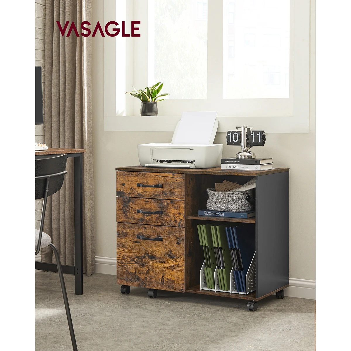 VASAGLE 3 Drawer File Cabinet Mobile File Cabinet Lateral Open Compartments for A4, Letter Documents, Printer Stand